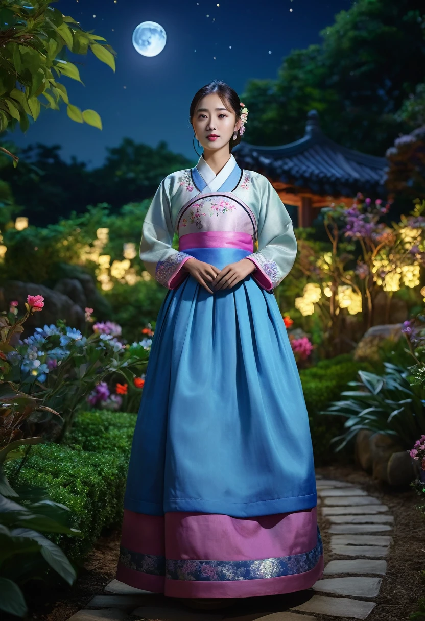 a beautiful young girl wearing a traditional korean hanbok dress standing in a lush garden at night, the moon shining overhead, a Dutch angle wide shot, (best quality,4k,8k,highres,masterpiece:1.2),ultra-detailed,(realistic,photorealistic,photo-realistic:1.37),HDR,UHD,studio lighting,ultra-fine painting,sharp focus,physically-based rendering,extreme detail description,professional,vivid colors,bokeh,portraits,landscape,fantasy,concept artists,dramatic lighting,moonlit night,detailed garden with flowers