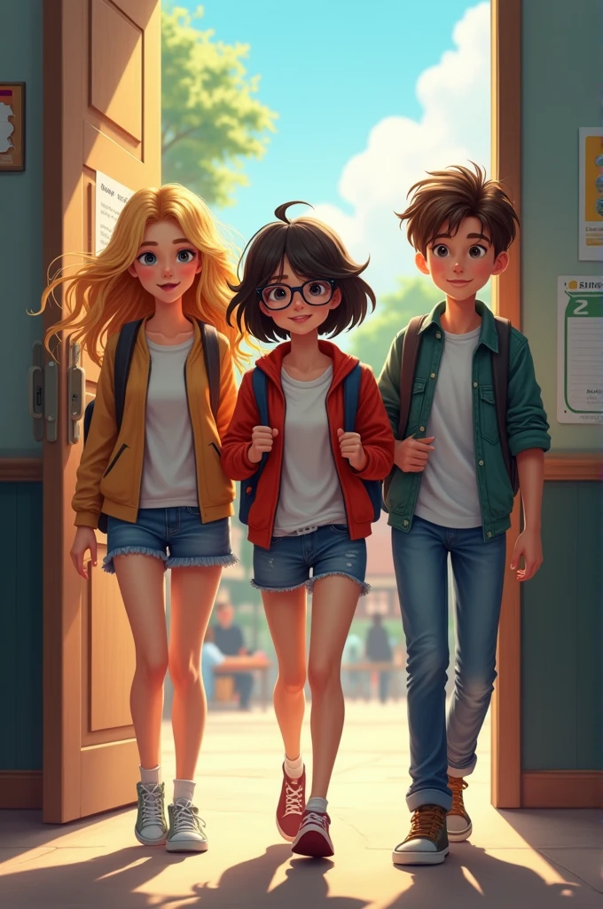 Make a blonde ager, A teen with black hair wearing glasses and a boy with brown, unruly hair leaving class to eat at recess