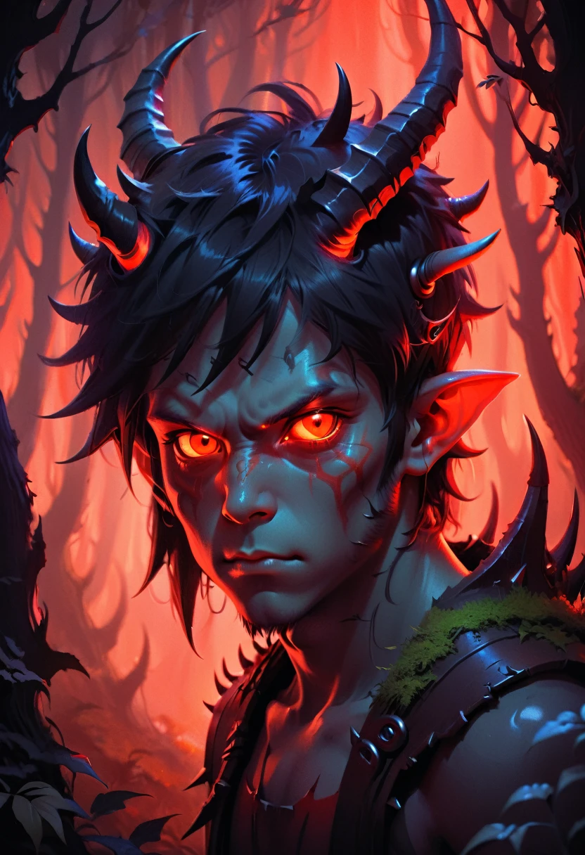 Painted By Andreas Rocha portret of Small demon boy with small horns, in a forest at night, looking through bushes, futuristic, hyper digital background, extremely detailed and realistic, back red light,