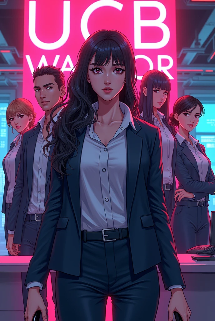 MBTI Commander Image、Several women and men in purple suits。Place the female commander in the center。Intimidating aura。Stylish and cool、Pose like a fashion model。The background has a demonic feel to it.。