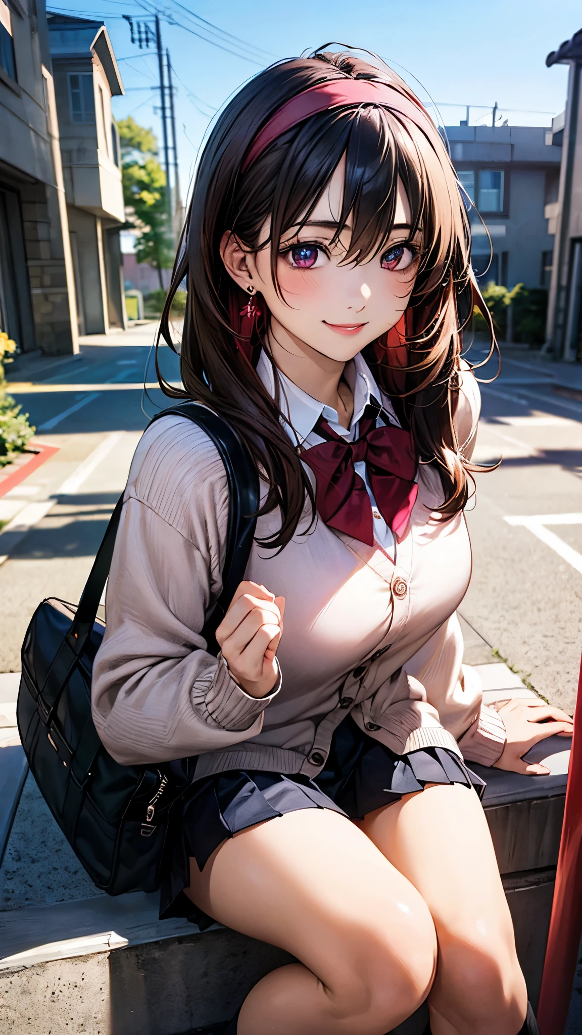 (masterpiece:1.2, highest quality), (realistic photo:1.4), beautiful illustrations, (natural side lighting, movie lighting),
looking at the viewer, 1 girl, japanese, high school girl, perfect face, cute symmetrical face, shiny skin, baby face,
(long hair, straight hair, black hair), hair between eyes, maroon eye idol chest, seductive thighs, big ass), earrings, break (dark red hairband, dark red flat bow tie), break
beautiful hair, beautiful face, detailed and beautiful eyes, beautiful clavicle, beautiful body, beautiful breasts, beautiful thighs, beautiful feet, beautiful fingers, slender,
(white collared shirt, long sleeve pink knit cardigan, black pleated mini skirt), break navy school bag,
(beautiful scenery), evening, (school yard:1.2), (pigeon toed), (lovely smile, upper eye),