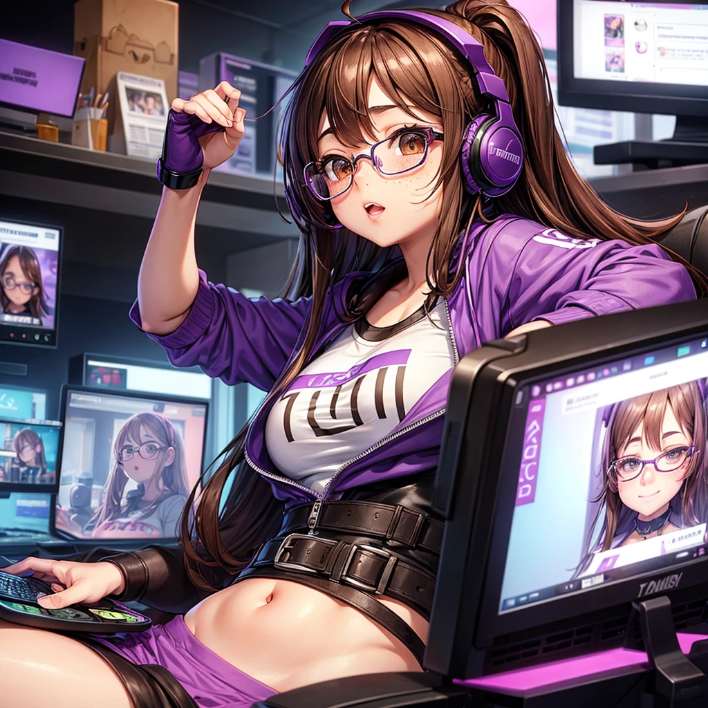 Draw a girl, Brown eyes, with glasses, long brown hair, chubby with freckles, with purple gamer headphones, playing videogames, with a lot of bust with provocative clothes, purple background