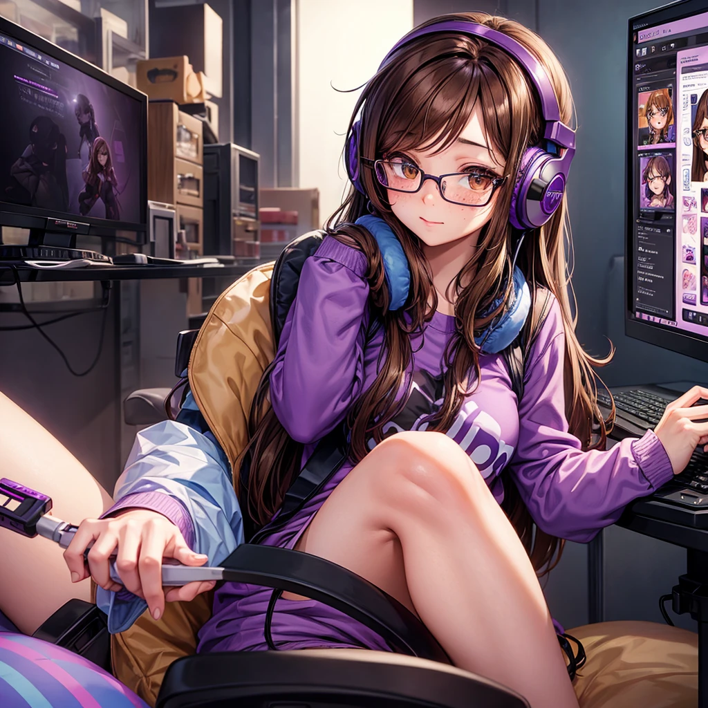 (masterpiece, best quality),  intricate details,
1girl,   <lora:roboco-san_v1:0.8> aaroboco, android, long hair, brown hair, gradient hair, mechanical arms, mechanical legs, hood, hood down, pink hoodie, long sleeves,
sweating, 
indoors, gamer, rgb keyboard, monitors, computer, desk,