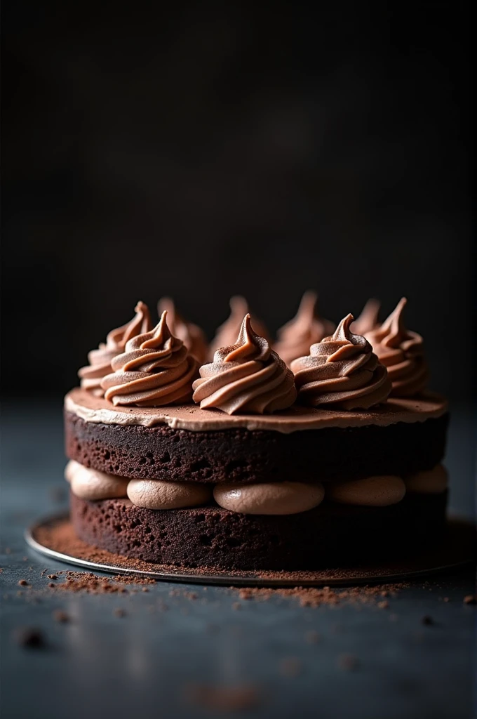 cinematic film still chocolate, chocolate cake, dark background, quality photo, moist texture, frosting, studio photo, slice . shallow depth of field, vignette, highly detailed, high budget, bokeh, cinemascope, moody, epic, gorgeous, film grain, grainy