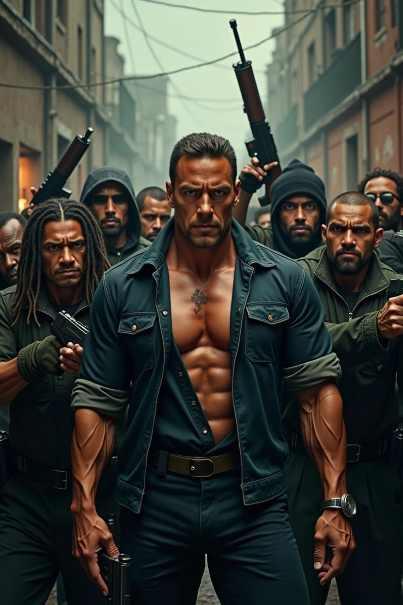 Pictures of Van Damme and the gangs raising weapons on her