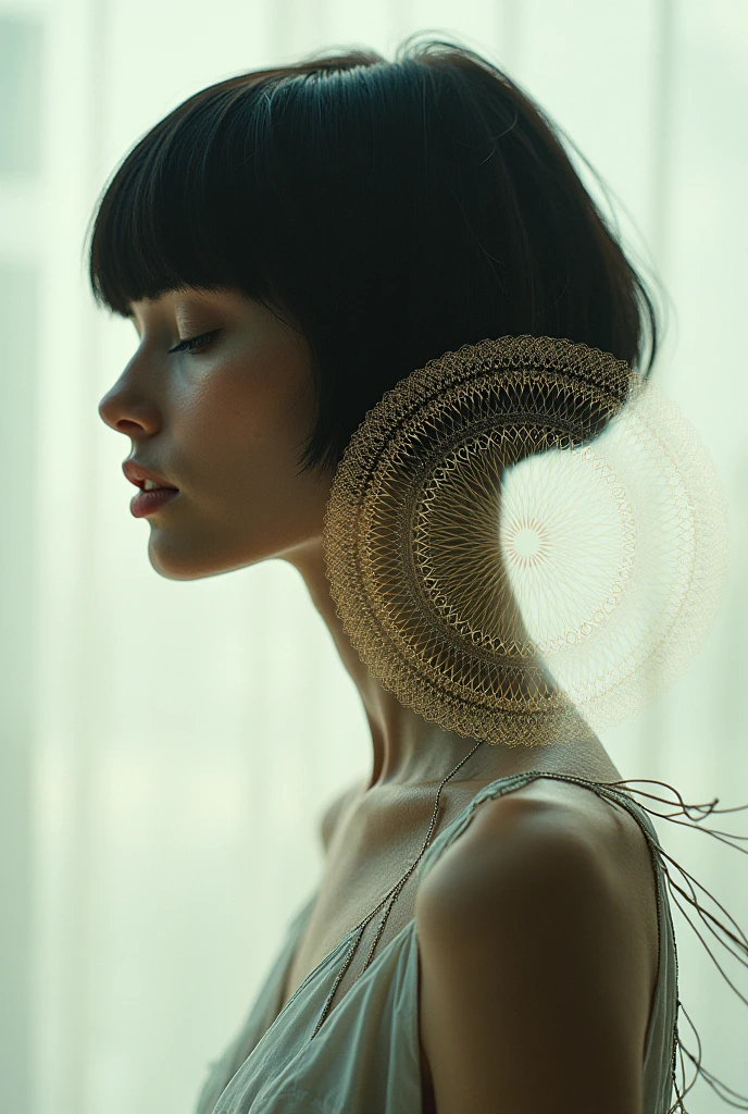 editorial photography,super detailed background,Super realistic,double exposure,depth of field,beauty super slender skinny vibes,soft focus tone,narrative scene,wabi-sabi,open lips,Super short straight hairstyle,multilayer structure,geometric Art Nouveau exoskeleton,alphonseMucha,