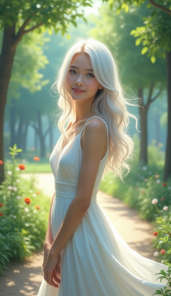 a woman wearing a white dress, blue eyes, long white hair was smiling in the city park