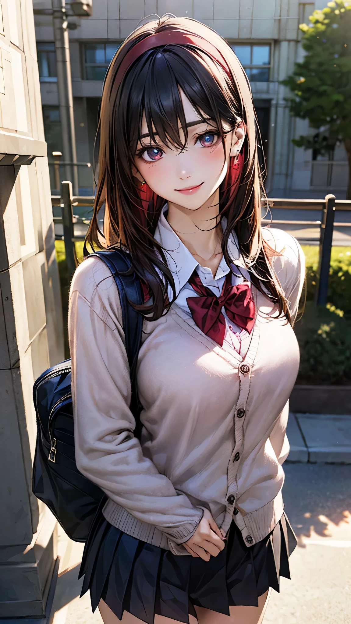 (masterpiece:1.2, highest quality), (realistic photo:1.4), beautiful illustrations, (natural side lighting, movie lighting),
looking at the viewer, 1 girl, japanese, high school girl, perfect face, cute symmetrical face, shiny skin, baby face,
(long hair, straight hair, black hair), hair between eyes, maroon eye idol chest, seductive thighs, big ass), earrings, break (dark red hairband, dark red flat bow tie), break
beautiful hair, beautiful face, detailed and beautiful eyes, beautiful clavicle, beautiful body, beautiful breasts, beautiful thighs, beautiful feet, beautiful fingers, slender,
(white collared shirt, long sleeve pink knit cardigan, black pleated mini skirt), break navy school bag,
(beautiful scenery), evening, (school yard:1.2), (pigeon toed), (lovely smile, upper eye),