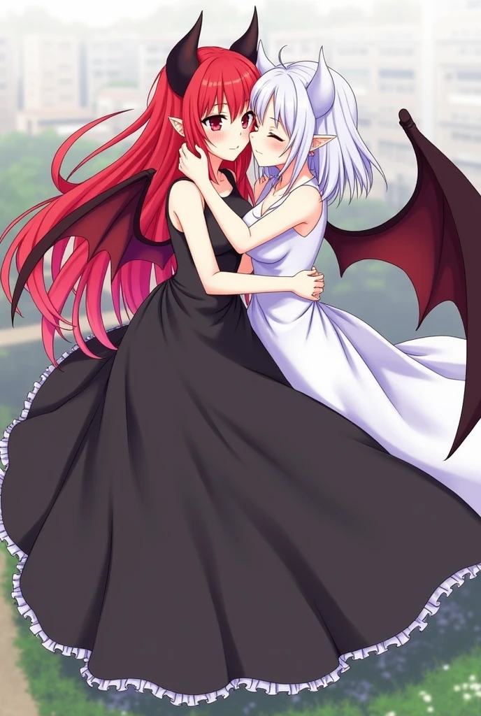 masterpiece, best quality, 1girl, closed mouth, yuzuki roa, dress, black dress, heterochromia, demon girl, bat wings, outdoors, smile, looking at viewer, full body, upskirt, nipples hard, sexy, red hair yuzuki roa, black dress, heterochromia, demon girl, bat wing, chitose, kudou, white hair, white dress, upskirt, lesbian, kiss, sex