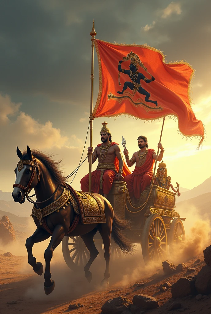 The warrior prince Arjun in golden chariot. Lord krishna as his charioteer, and Lord Hanuman as the symbol ith the flag of the chariot