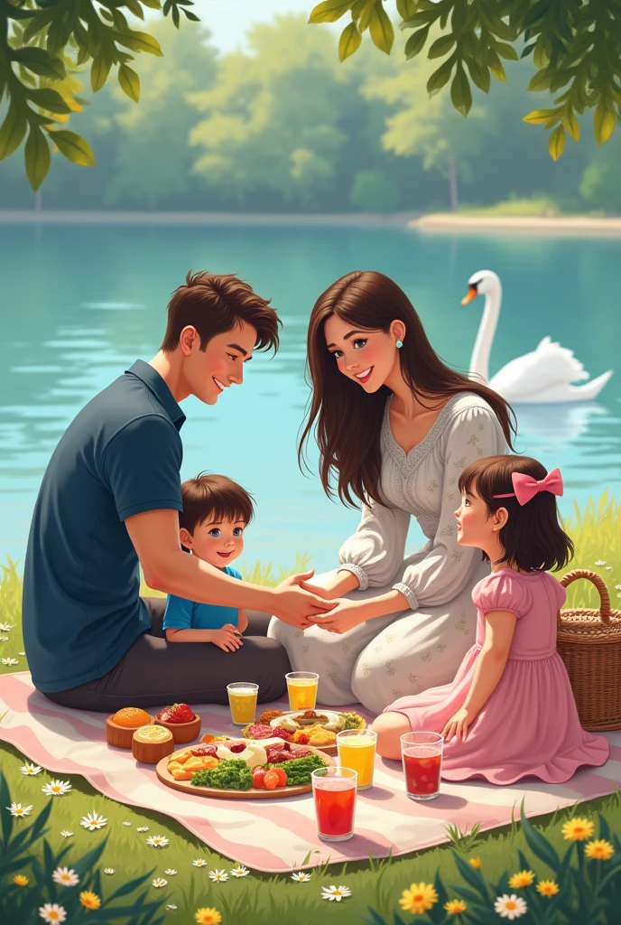 A family of four enjoys a delightful picnic by a peaceful lake, where a swan glides gracefully. The man, with light blue eyes, brown hair, and muscular arms, is dressed in a dark blue polo shirt. The woman, with long dark brown wavy hair and brown eyes, wears a white dress with a delicate floral print and puff sleeves. Their son, in a blue t-shirt, and their daughter, in a pink frock with shoulder-length hair and a pink bow band, sit happily among the spread of foods, fruits, and juices. Little daisies and yellow flowers grow around them, adding a touch of natural beauty to the scene. The family smiles warmly, savoring the tranquil moment together.