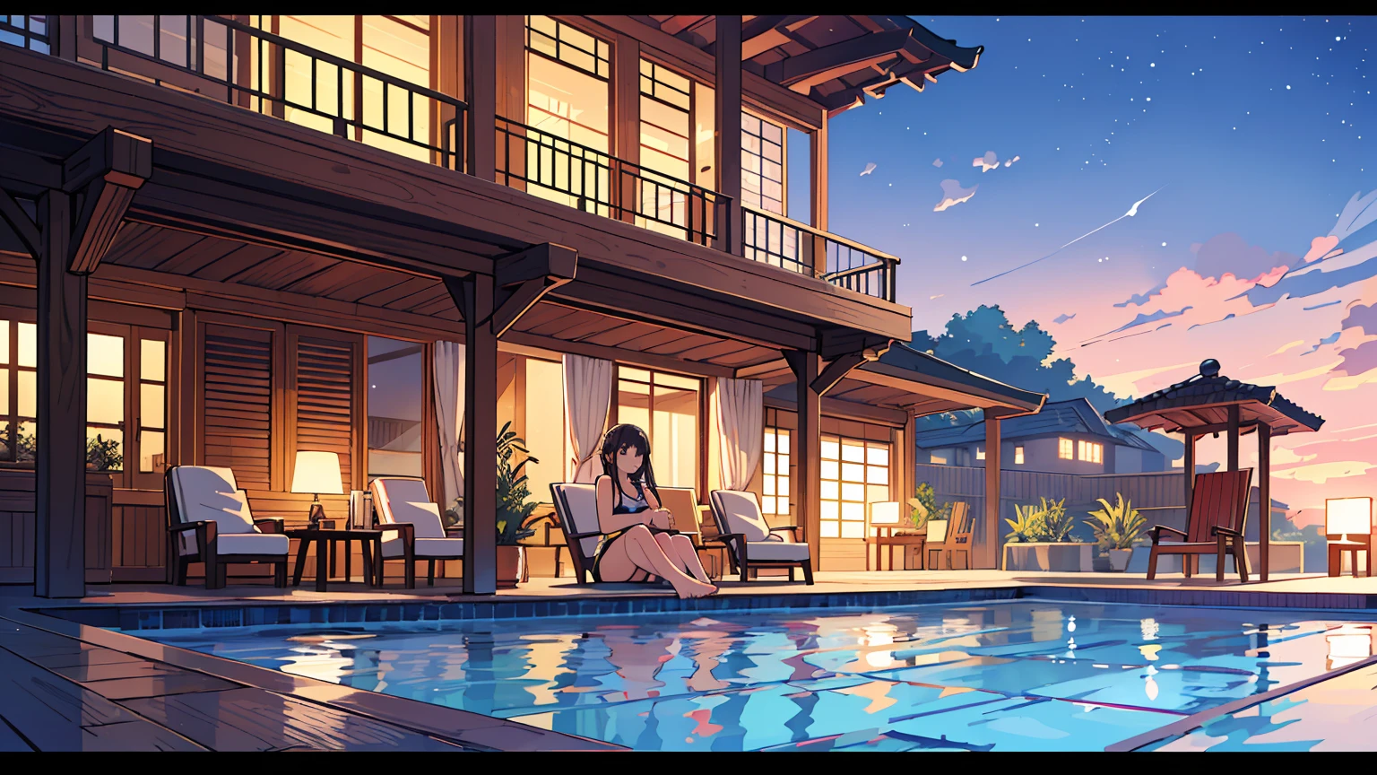 (masterpiece, best quality),2 women, lying on a chair,different hair colors, different faces,letterboxed, sunglasses,bikini,chapped lips,upper body, from the side, Create an image of a tranquil and luxurious outdoor pool area during sunrise, with a clear sky showing gradients of warm colors. Include features such as modern white lounge chairs, decorative lanterns on pillars, a reflective infinity pool that merges with the horizon, and a wooden deck leading to the ocean.