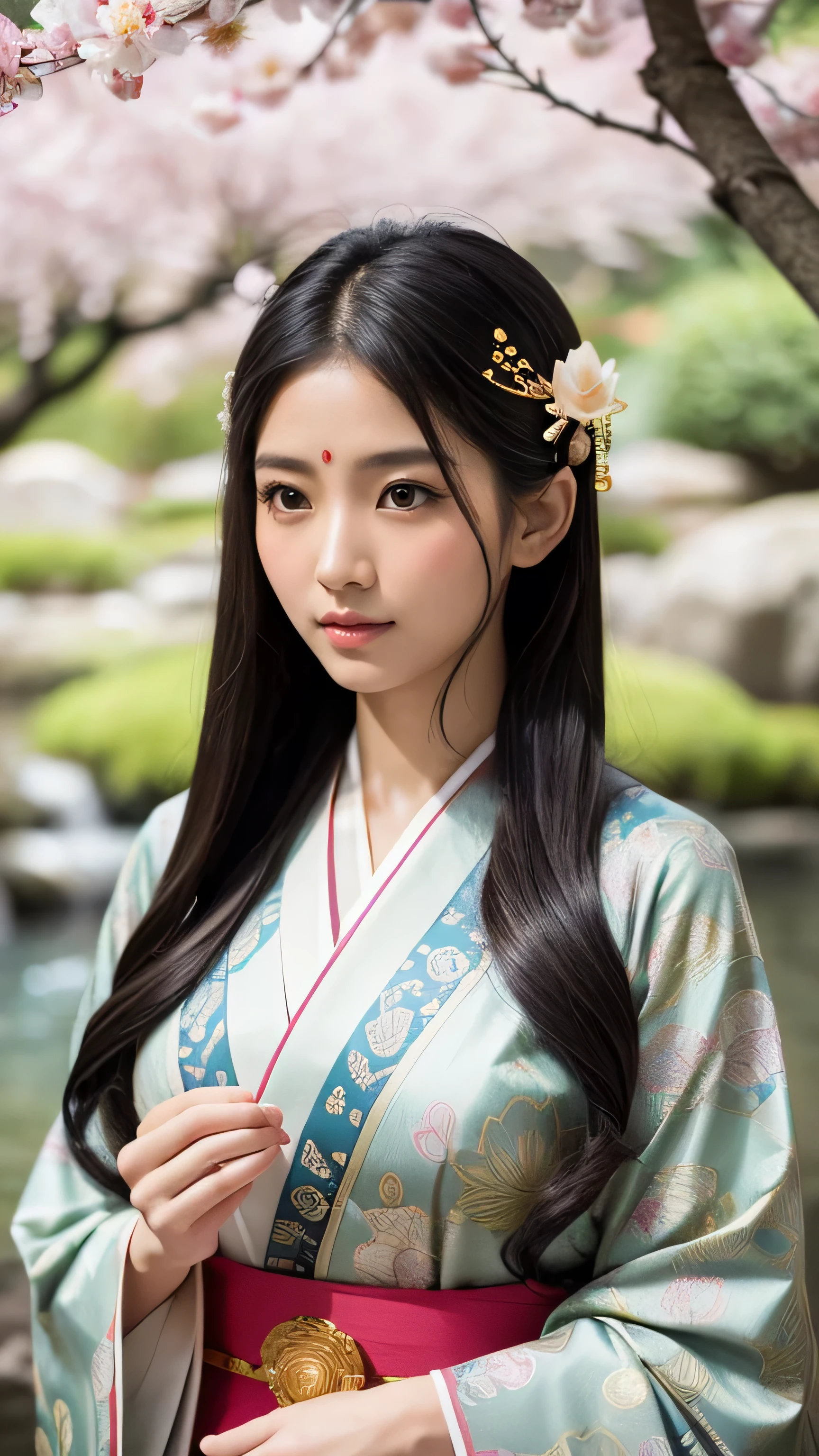 **Prompt:** Create an ultra-realistic depiction of a female Ganesha reimagined as an ultimate Japanese woman while retaining her iconic features. The figure preserves Ganesha's signature elephant head, reinterpreted with a delicate, refined Japanese aesthetic. Her elephantine face is soft and serene, with a gentle, humanized expression. The skin is smooth, with a light, porcelain-like tone, and the large, expressive eyes are framed by long, elegant lashes, giving her a compassionate and wise gaze. Her trunk is gracefully curved, adorned with subtle, intricate patterns reminiscent of traditional Japanese art. Her hair is long, straight, and jet black, styled into a traditional Japanese coiffure, with delicate hairpins and kanzashi (ornamental hairpins) that add a touch of elegance. The body is slender and graceful, clothed in an exquisite kimono. The kimono is a masterpiece of Japanese craftsmanship, with intricate designs of lotus flowers, waves, and clouds in shades of gold, silver, and soft pastels. The obi (sash) is tied elegantly at the back, featuring patterns that blend seamlessly with her overall appearance. Her multiple arms, while distinctly Ganesha, are beautifully integrated into the design, each holding traditional Japanese items such as a fan, a tea whisk, or a small, delicate sword. The background is a serene Japanese garden, with a peaceful pond, sakura trees in full bloom, and soft sunlight filtering through the leaves. The atmosphere is tranquil and harmonious, with the gentle sound of a nearby waterfall adding to the peaceful setting. Her presence exudes an aura of calm and wisdom, embodying the spirit of both Ganesha and a traditional Japanese woman.