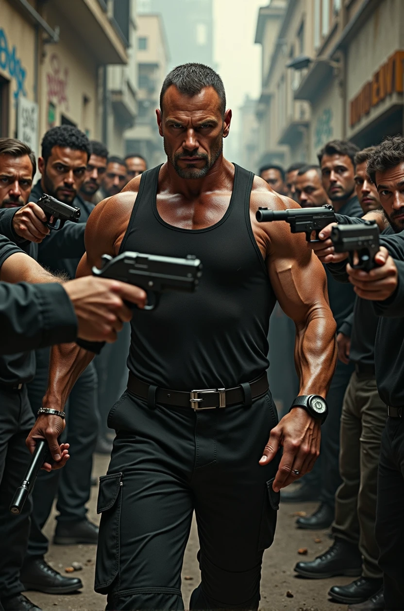 Pictures of Van Damme and the gangs raising weapons on her
