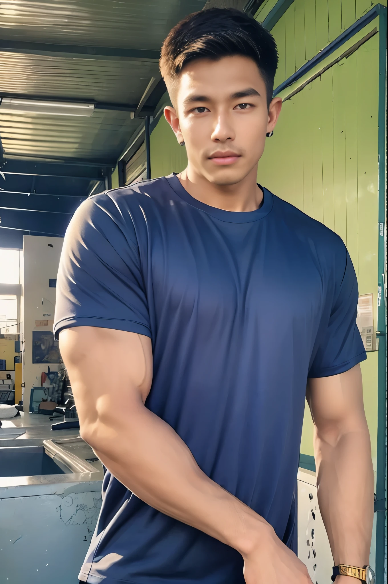 armface , Handsome young man standing, (have a mustache:1) ,(buzz cut:1.1), (short hair:1.2), The forearms are muscular., (Tight T-shirt:1.5),(Navy blue shirt:1.5),Jeans, Big muscles, Handsome and muscular, full body angle, (Fitness:1.1), natural light 