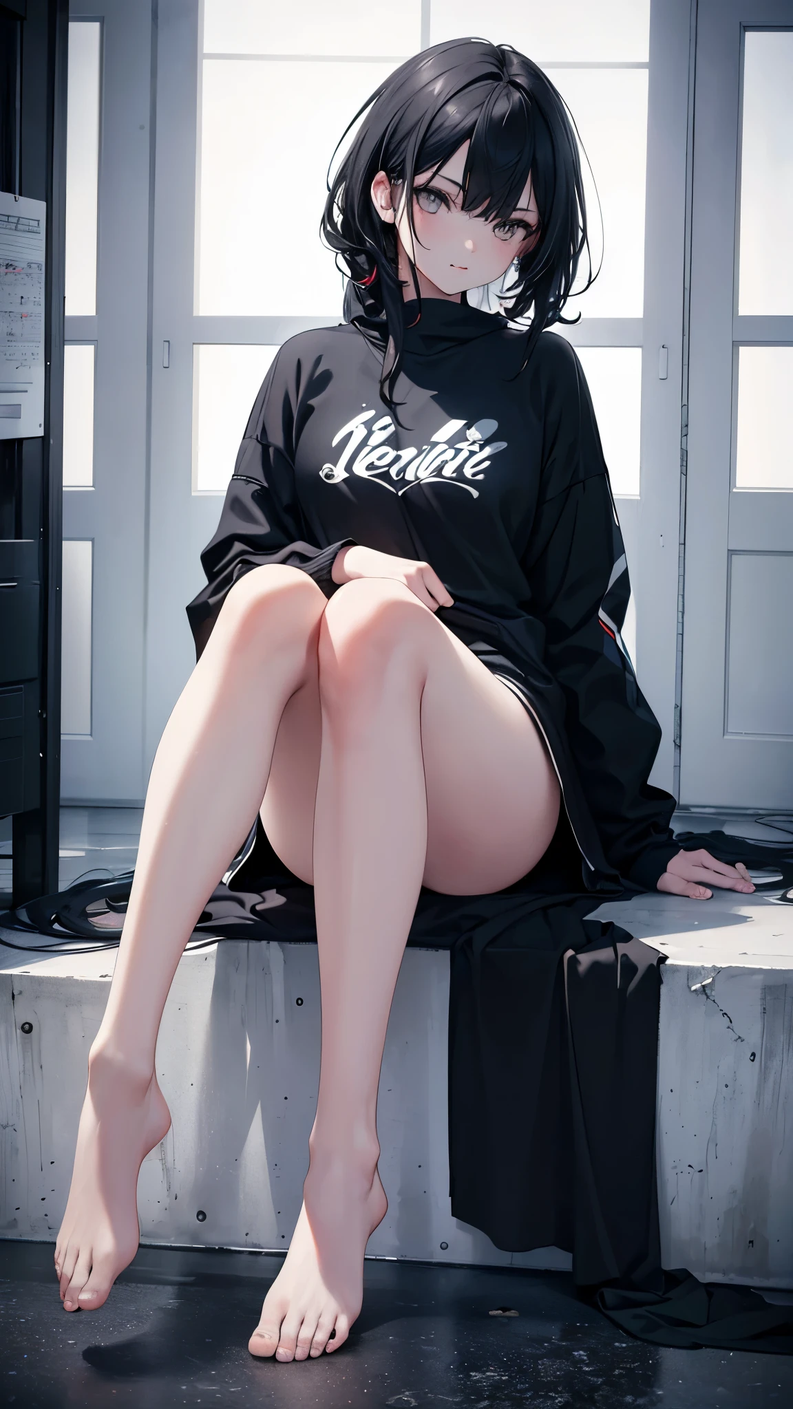 Serious age girl, Messy black hair, White eyes, Scar on one eye, Sunburned skin, Stylish black and white outfit, Attractive body, Dark and cold look, Detailed portrait, 8k, photograph (Highest quality) . ,4K,8k,High resolution,masterpiece:1.2),Very detailed,(Realistic,photoRealistic,photoRealistic:1.37),Vibrant colors,Sharp focus,Physically Based Rendering,Extremely detailed,Professional tongue out, whole body,Thin legs,Beautiful feet