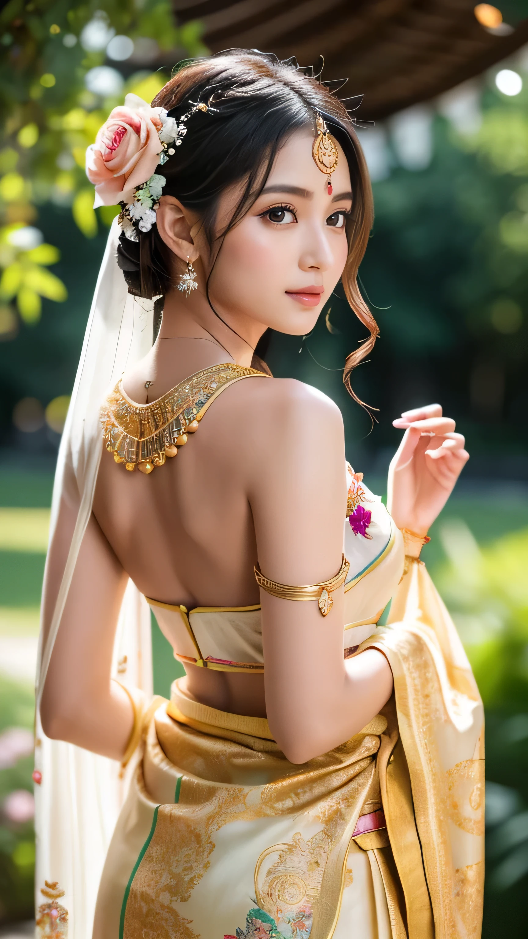 **Prompt:** Create an ultra-realistic depiction of Ganesha reimagined as a beautiful young girl while retaining his iconic features. The figure preserves Ganesha's signature elephant head, reinterpreted with a delicate, feminine touch. Her face is soft and youthful, with large, expressive eyes that exude warmth and kindness. Her skin has a smooth, porcelain-like quality, with a subtle glow that adds to her ethereal beauty. Her trunk is gently curved, adding a unique charm to her appearance, and adorned with delicate, gold ornaments that enhance her elegance. She has long, flowing hair, a rich black color with a slight wave, cascading down her back and adorned with small, decorative flowers that add a playful yet graceful touch. Her figure is slender and , with a graceful posture that embodies innocence and youth. She wears a modern, yet traditional-inspired outfit—a short kimono-style dress in soft pastel colors, with floral patterns and delicate embroidery. The dress is cinched at the waist with a wide obi belt, tied in an elaborate bow at the back, adding a touch of traditional elegance to her youthful appearance. Her arms, while humanized, retain the multiple-arm motif of Ganesha, each arm adorned with golden bangles and holding small, elegant accessories like a fan, a flower, or a delicate piece of jewelry. The background is a vibrant, magical garden, with flowers in full bloom and butterflies fluttering around, emphasizing the playful and enchanting atmosphere. The scene captures the beauty and grace of this unique, anthropomorphized Ganesha, blending the divine with the innocent charm of a young girl.