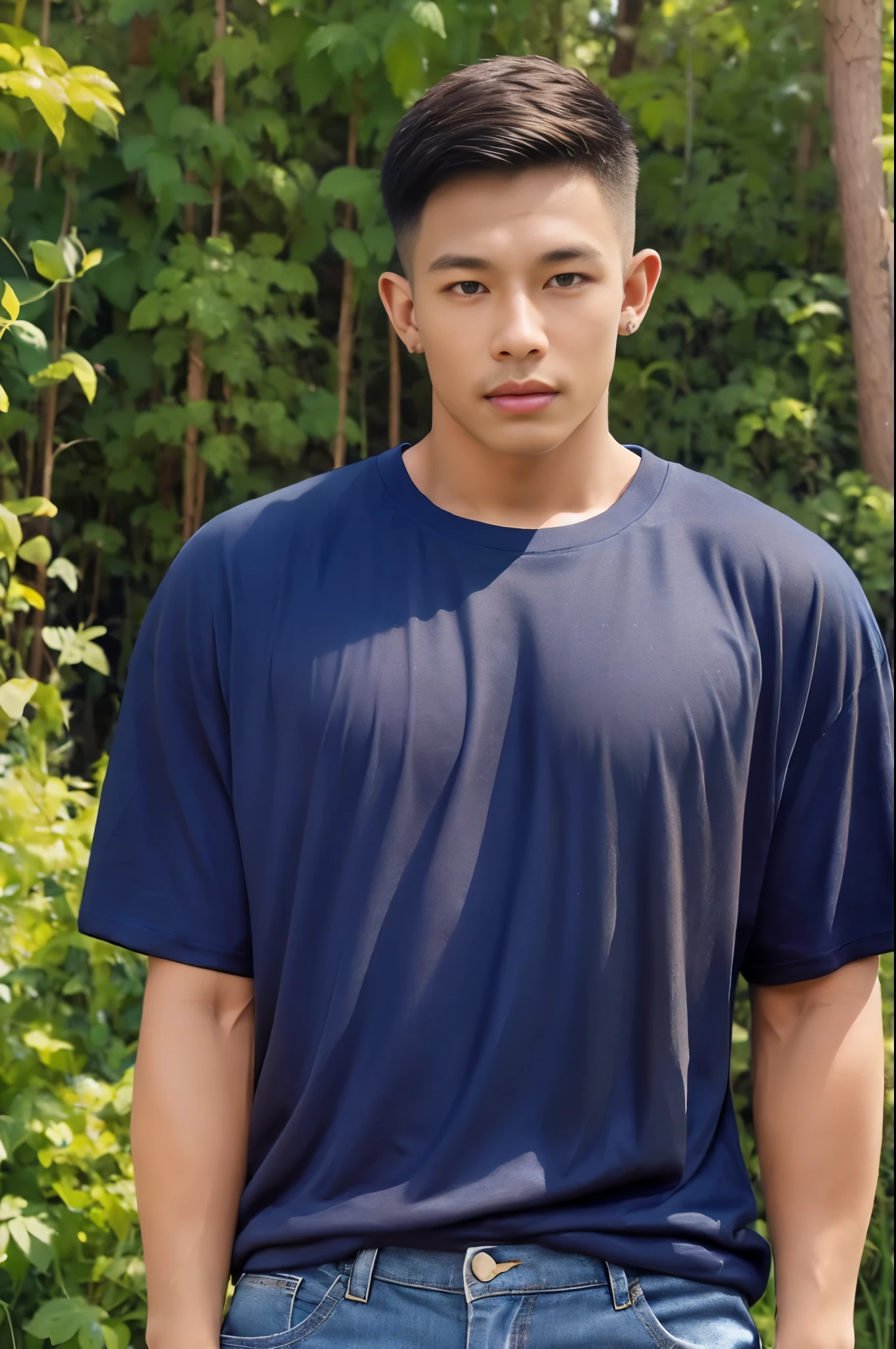 A handsome, muscular young Asian man looks at the camera. In a simple blue t-shirt , Fieldside, grass, beach, sunlight