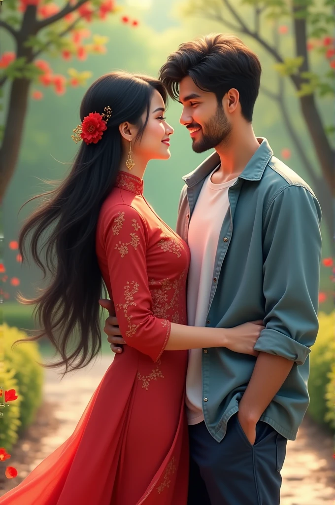 Fille chinoise de 20 ans habillée en robe rouge traditionnelle chinoise en couple avec un garçon indien de 20 ans qui est habillé en tenue sportive.