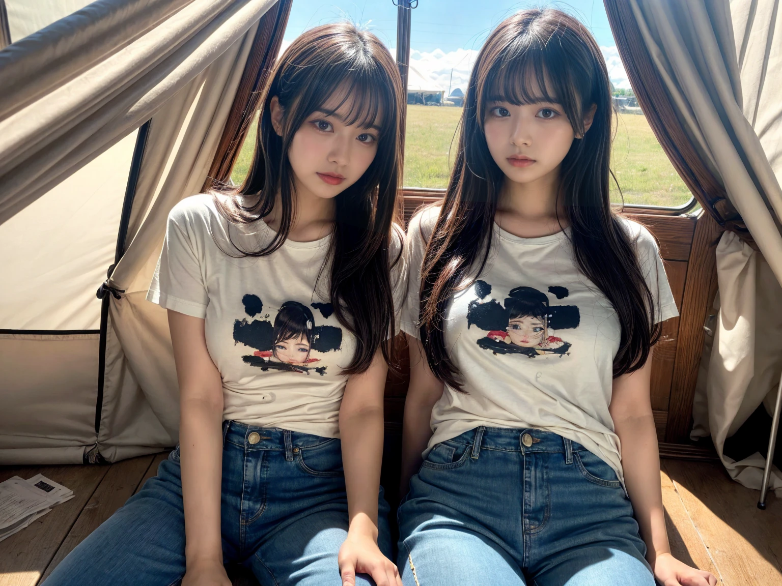 masterpiece, best quality, illustration, Super detailed, fine details, High resolution, 8K,wall paper, perfect dynamic composition,(Details High quality, realistic depiction of eyes:1.3), (2 girls), Tattered clothes, (The collapsed room), (Inside the barrack tent), (wearing a tattered and dirty t-shirt.:1.1), Wearing baggy pants, dirty body, (Messy long hair), black hair color, Big Natural Color Lip, crying a little、cold gaze, Harajuku style、20 year old girl、cute type、ta, Gravure Idol, full body photo、focus on crotch, huge breasts