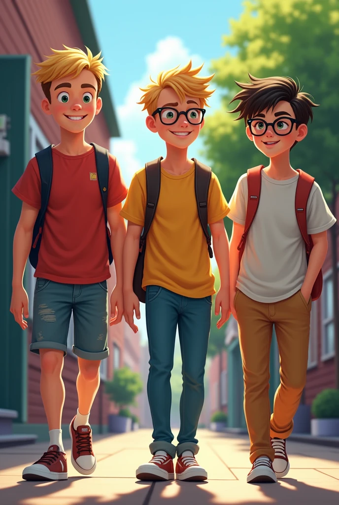 Make a teenage boy blonde, A teenage male with black hair wearing glasses and a boy with brown, unruly hair leaving class to eat at recess