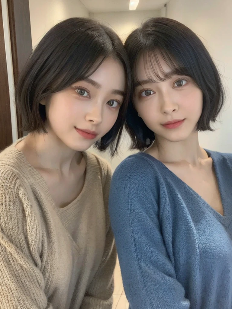 (masterpiece:1.3), (8k, Photoreal, Raw photo, best image quality: 1.4), Japanese high school girl、(random hairstyle:1.2)、cleavage:1.5、super detail face、eye for details、double eyelid、chest to chest、sharp focus:1.2、Beautiful woman:1.4、light brown hair、highest quality、masterpiece、超A high resolution、(Photoreal:1.4)、Highly detailed and professionally lit smiles、loose and light knitwear、shoulder out、thin、serious expression、short haired、deadly position
similar identical twins
All the girls have the exact same face, The two have the same face and figure, as if they were mirror images.
