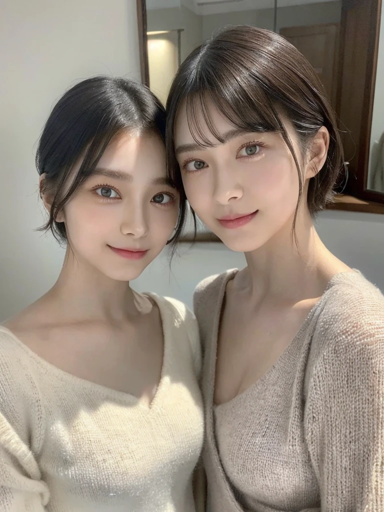 (masterpiece:1.3), (8k, Photoreal, Raw photo, best image quality: 1.4), Japanese high school girl、(random hairstyle:1.2)、cleavage:1.5、super detail face、eye for details、double eyelid、chest to chest、sharp focus:1.2、Beautiful woman:1.4、light brown hair、highest quality、masterpiece、超A high resolution、(Photoreal:1.4)、Highly detailed and professionally lit smiles、loose and light knitwear、shoulder out、thin、serious expression、short haired、deadly position
similar identical twins
All the girls have the exact same face, The two have the same face and figure, as if they were mirror images.
