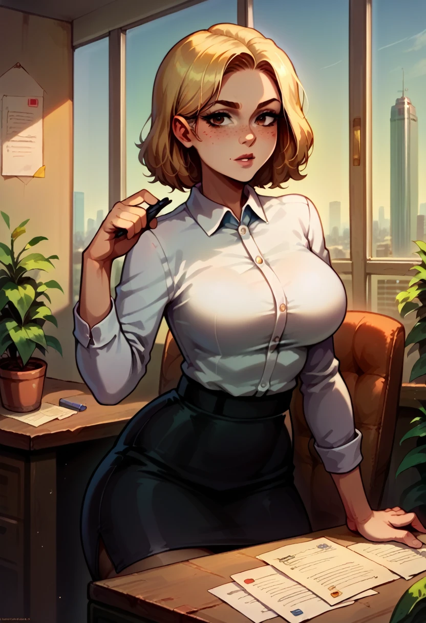 illustration, detailed illustration, ultra detailed, dynamic angle, 1girl, medium blonde hair, stylish hair, big brown eyes, light freckles, sexy, large breasts, business suit, arrogant look, skirt, office, skyline in window
