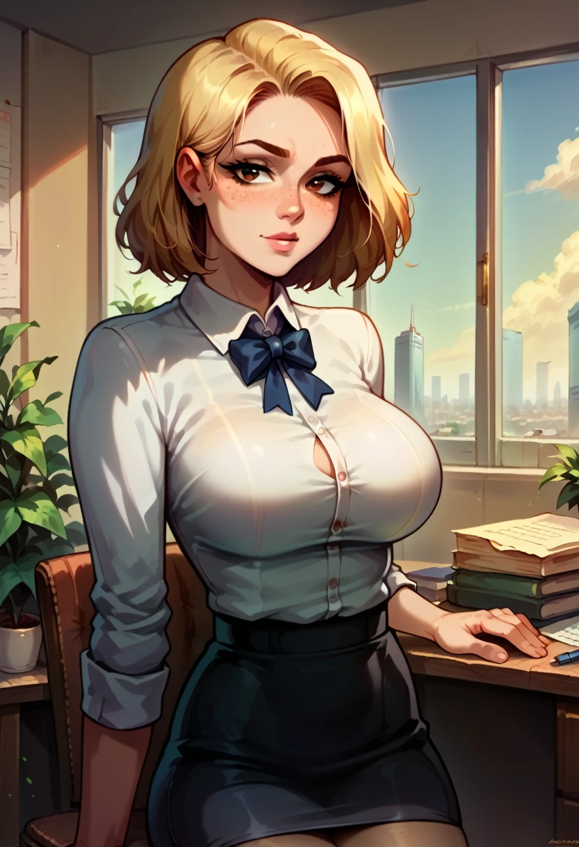 illustration, detailed illustration, ultra detailed, dynamic angle, 1girl, medium blonde hair, stylish hair, big brown eyes, light freckles, sexy, large breasts, business suit, arrogant look, skirt, office, skyline in window
