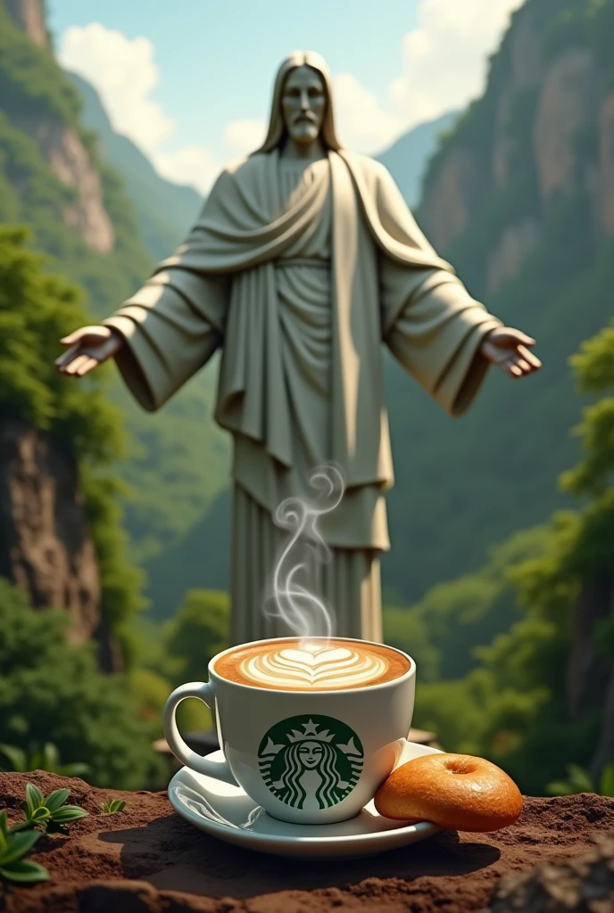 the Starbucks logo, but instead of the mermaid, put the statue of Christ the Redeemer drinking a cup of coffee, and at the bottom place the sugar bread