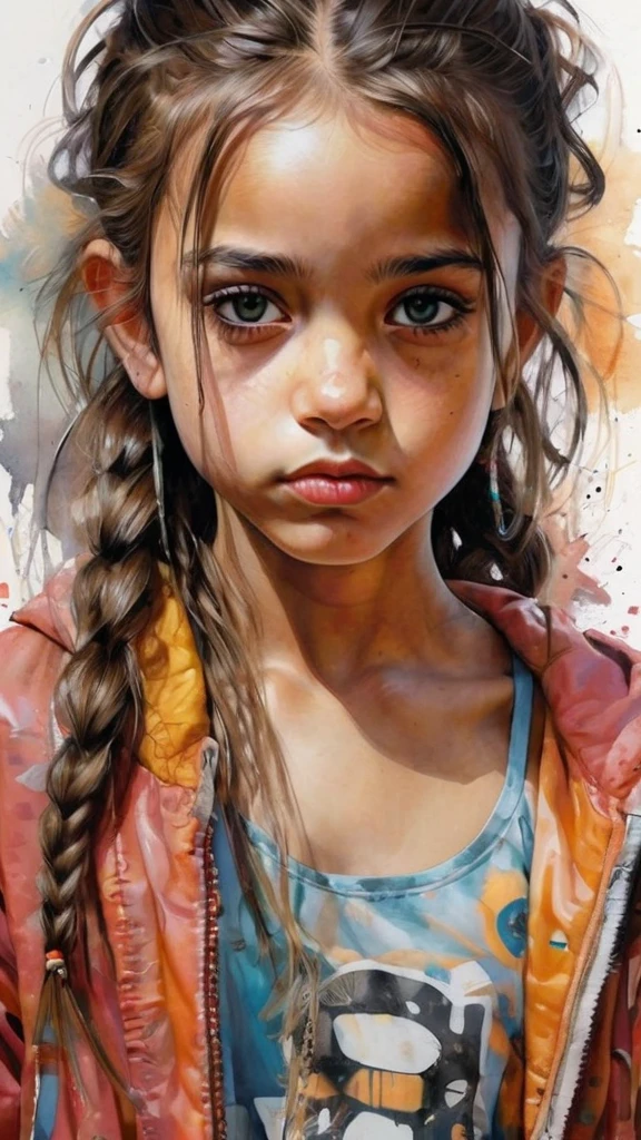 A detailed, photorealistic portrait of a beautiful young girl, with striking features and a serene expression, inspired by the art of Jim Mahfoud and Enki Bilal, with ultra-detailed, hyper-realistic rendering, vibrant colors, dramatic lighting, and an air of tranquility and contemplation