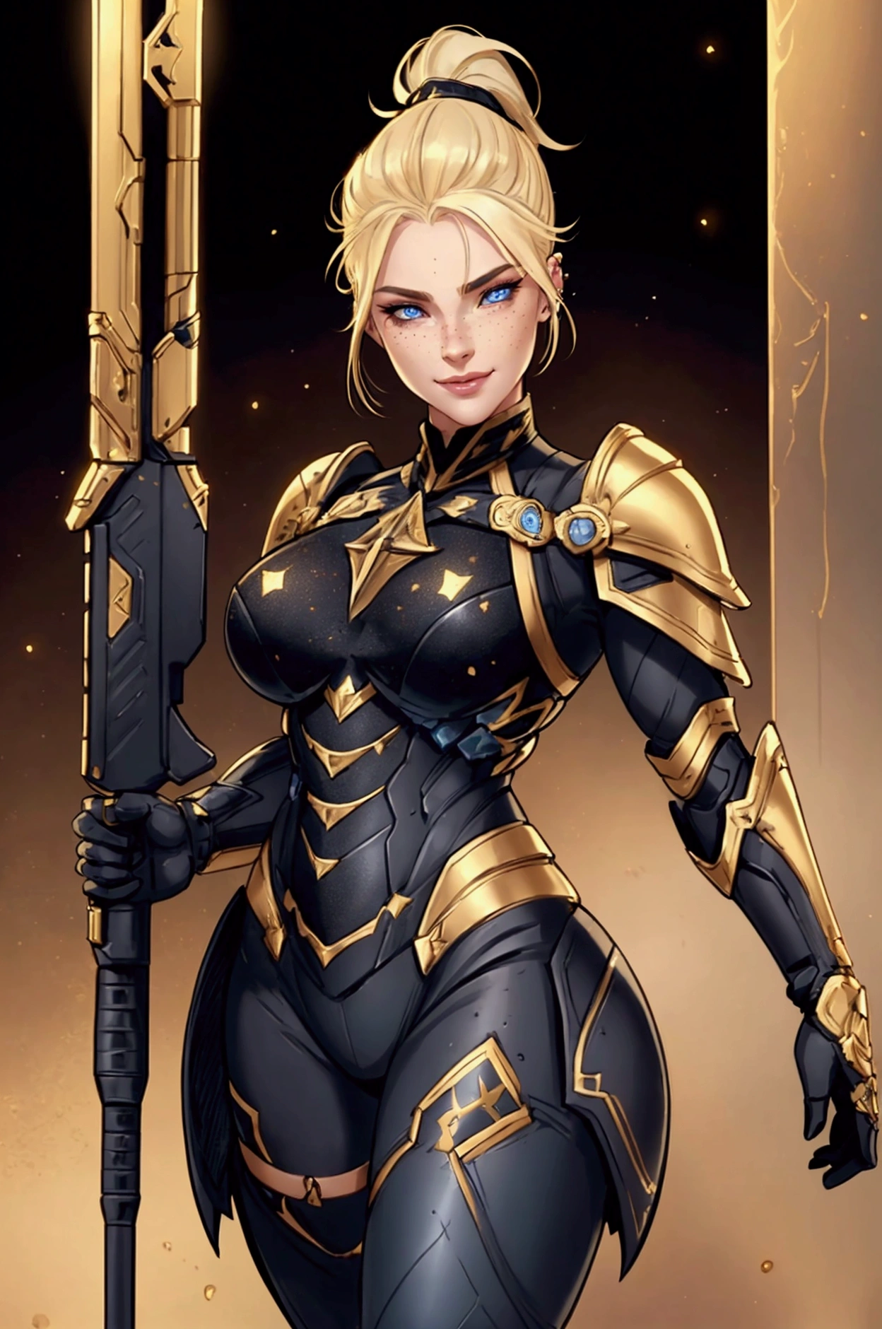 a young blonde girl in a black with gold accent space armor, seductive pose, beautiful detailed face, piercing beautiful detailed blue eyes, light freckles, detailed muscular body, ponytail hairstyle, no background, full body, beautiful detailed lips, light smile on face, karna rifle in her hand, light blood stain on face