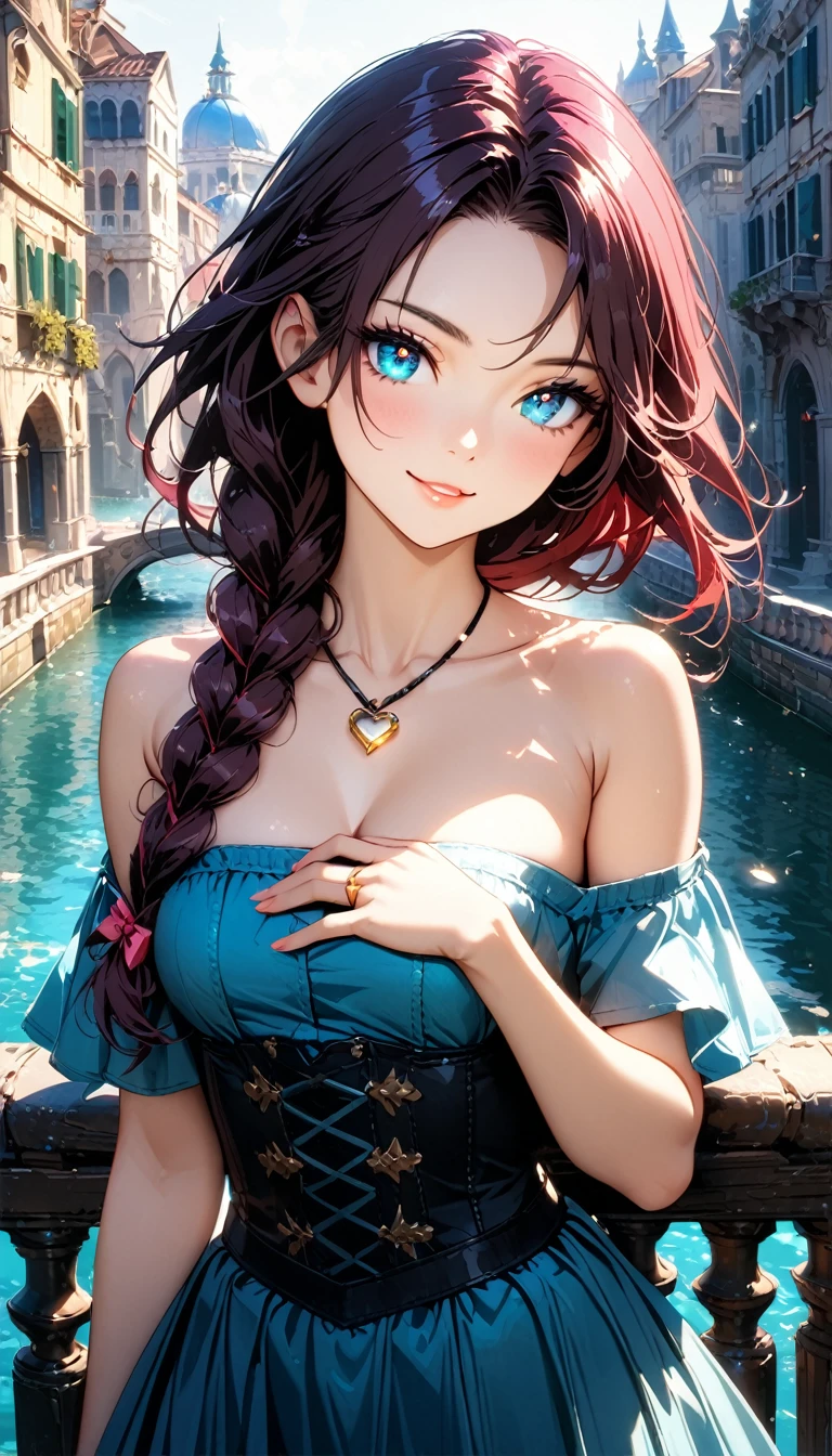(masterpiece, very aesthetic:1.4), best quality, incredibly absurdres, Accurate, intricate, 8K, stunning, stylized,
ultra-detailed, (incredibly detailed:1.2), simplified details, fine texture,
cinematic, recent, (vibrant:1.2), (clear pictures, clean lines, crisp edges), (illustration:1.2), (soft lighting:1.2),
cowboy shot,
BREAK
1 beautiful girl, 18yo, small face, beautiful detailed face, narrow waist, The beauty and danger of growing from a girl to an adult, A symbol of miraculous beauty, Graceful posture, sensual, bewitching woman, (cleavage:0.8),
(burgundy red hair), (a long single braid hair:1.4), smooth hair, asymmetrical bangs,
BREAK
(aqua blue eyes), black oblong pupils, (slant eyes, glass-like sparkling eyes are blurry and dreamy, beautiful detailed eyes, sparkling eyes, long delicate eyelashes, Meticulous Eyelash Details),
BREAK
(navy blue dress), (off shoulder, Strapless dress, Sleeveless:1.3), (black corset), (a tiny heart-shaped golden ring pendant:1.4),
BREAK
(A fantasy world cityscape:1.4), sunny afternoon, A city resembling Venice with canals, (Leaning against the railing of a bridge over a large river), Bright lighting, Beautiful world, Blown by the gentle wind, Soft sunlight that induces afternoon drowsiness,
BREAK
gorgeous lips, natural pink lips, heart-shaped lips, beautiful detailed lips, Glossy,
(seductive smile:1.3), (looking side glance), (left hand on own chest:1.2), perfect eyes,