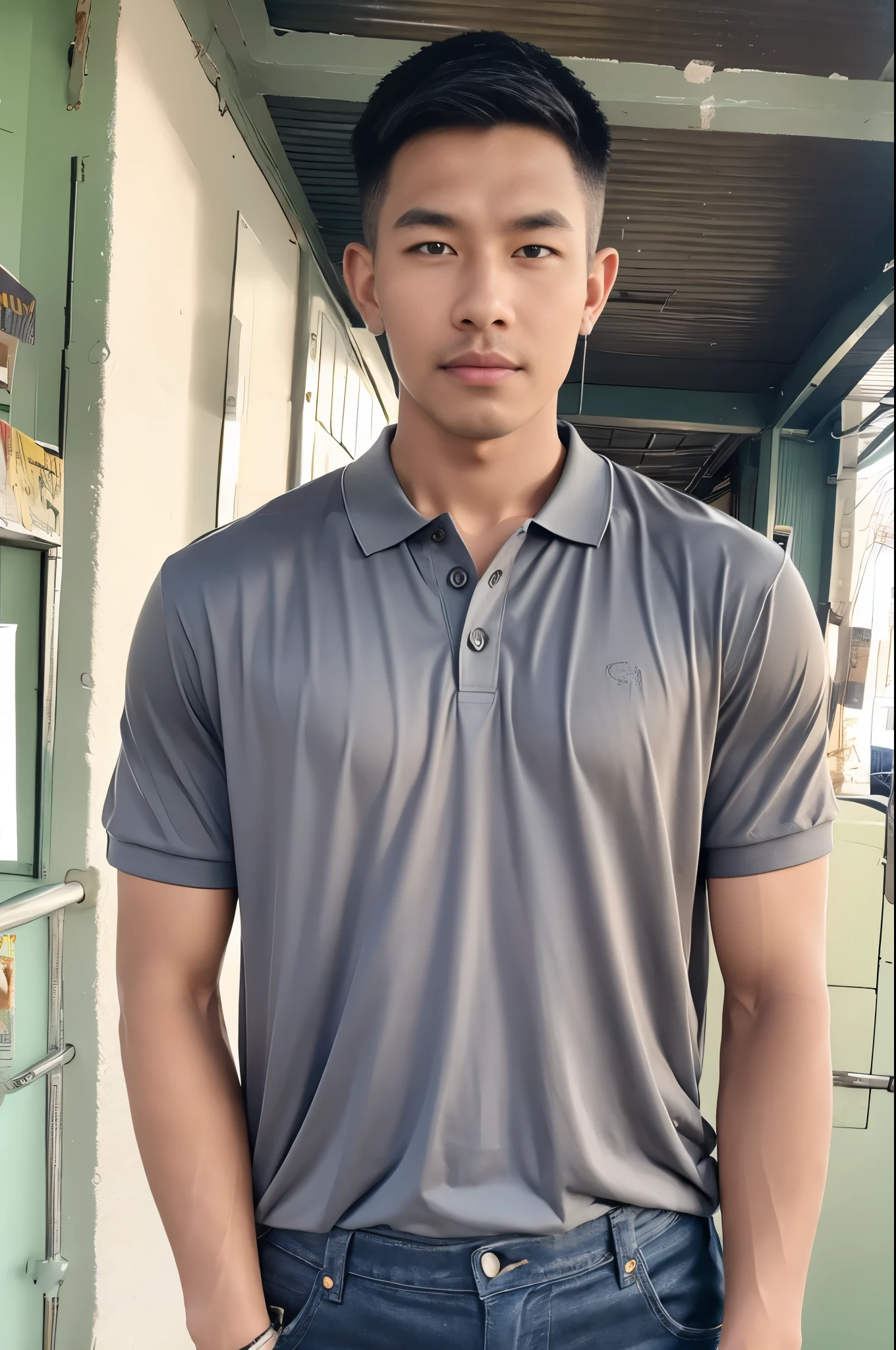 armface , Handsome young man standing, (have a mustache:0.8) ,(buzz cut:1.1), (short hair:1.2), The forearms are muscular., (polo shirt:1.2),(Grey shirt:1.2),Jeans, Big muscles, Handsome and muscular, full body angle, (Fitness:1.1), natural light