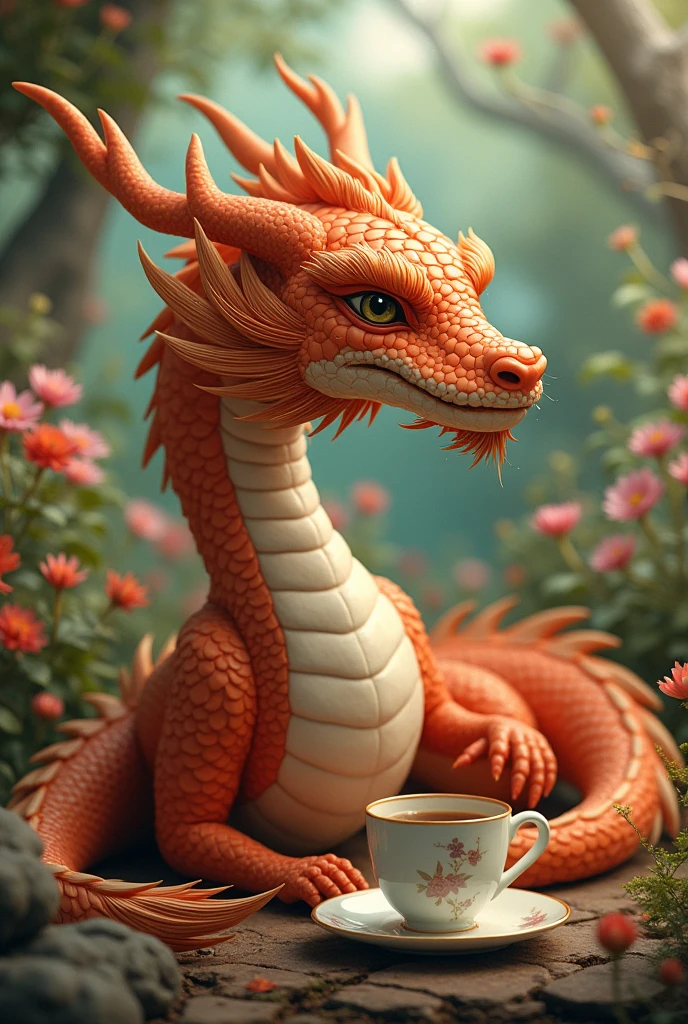 Chinese style brown dragon,Background garden,Trees,dragon holding coffee,Relaxed expression,like a lady,Flowers in the background