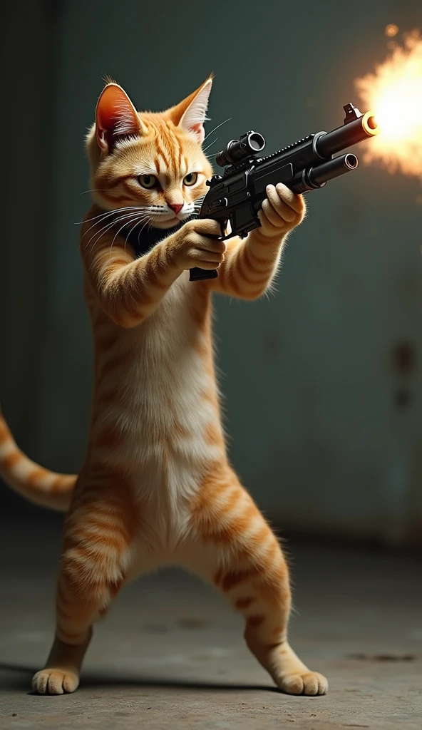 A cat shooting with gun