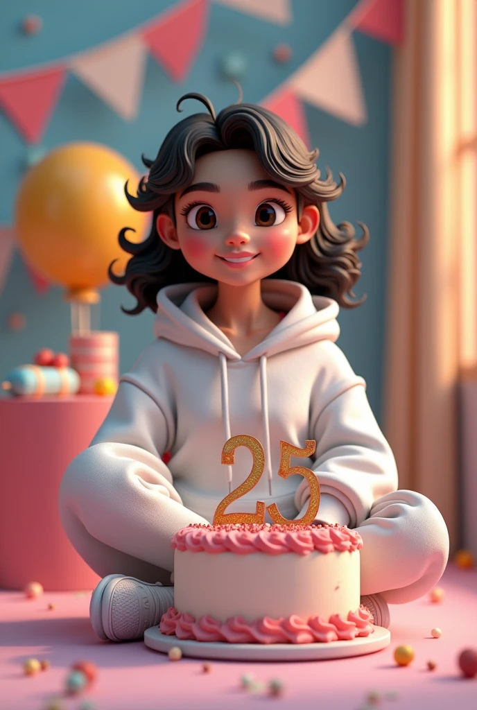 3D illystration of a girl sitting casually on front of a cake. The character must wear casual Moder clothing such as white hoodie and sneakers shoes. The background of the image is a party theme. Write 'Fahima Arohi Asha on the barthday cake. Sure the text is not misspelled. His age is 25