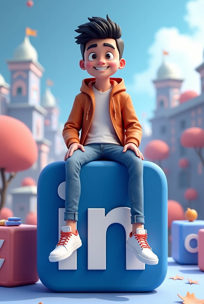 Create a 3D illustration of an animated character sitting casually on a top of a social media logo linkedin the character must wear casual modern clothes such as jeans jackets and sneaker shoes the background of the image of a social media profile page with a user name Ishan and profile picture that matches.
