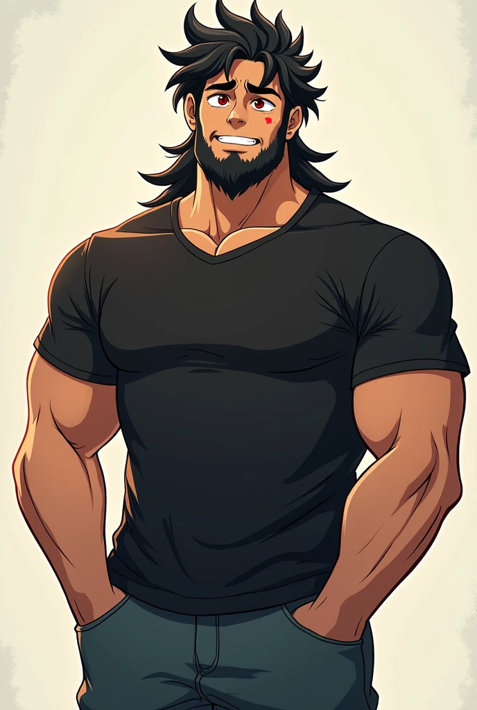 Anime, eggnog_cookie, muscular, muscular male, (t-shirt, black jeans), beard, happy, smiles, (standing, hand in pockets, looking to viewer) black spikey messy long hair, sideburns, a scruffy beard, mole on his left cheek, tired expression, red eyes