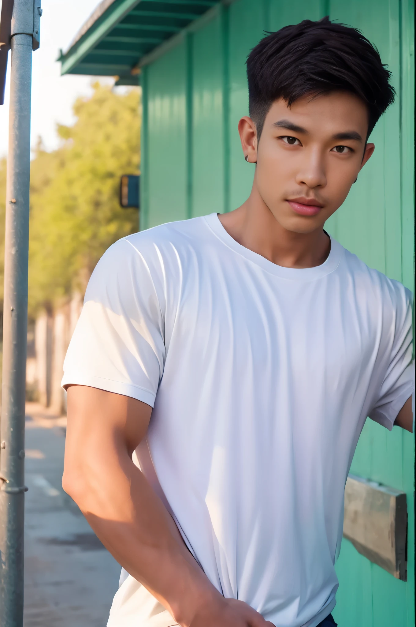 Handsome young man standing, (have a mustache:1) ,(buzz cut:1.1), (short hair:1.2), The forearms are muscular., (Tight T-shirt:1.5), (white shirt:1.5),Jeans, Big muscles, Handsome and muscular, full body angle, (Fitness:1.1), natural light 
