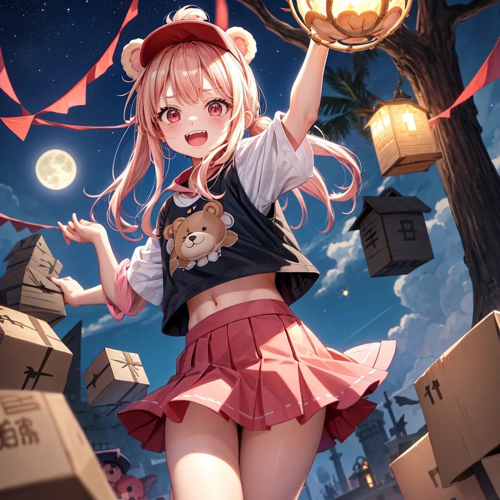 Pink Blonde、Red eyes、Hair tied up、One cute girl、solo、And soul、Checked mini skirt、black t-shirts、one piece、bear ears baseball cap、large tree、Thundercloud、Burning Full Moon、The tree is dead、Candle、Cardboard boxes are piled up、Teeth are visible、Fortress City、Tilting face、Starry Sky、A teddy bear is jumping