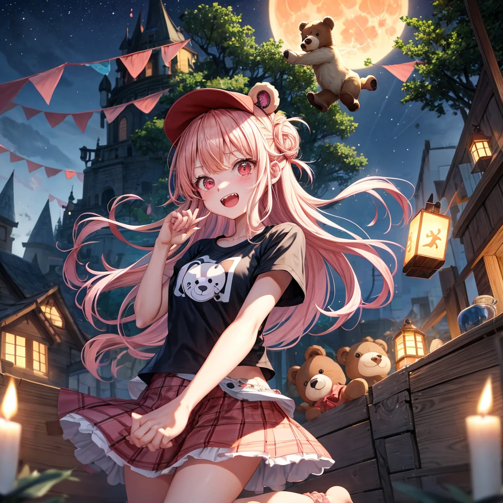 Pink Blonde、Red eyes、Hair tied up、One cute girl、solo、And soul、Checked mini skirt、black t-shirts、one piece、bear ears baseball cap、large tree、Thundercloud、Burning Full Moon、The tree is dead、Candle、Cardboard boxes are piled up、Teeth are visible、Fortress City、Tilting face、Starry Sky、A teddy bear is jumping