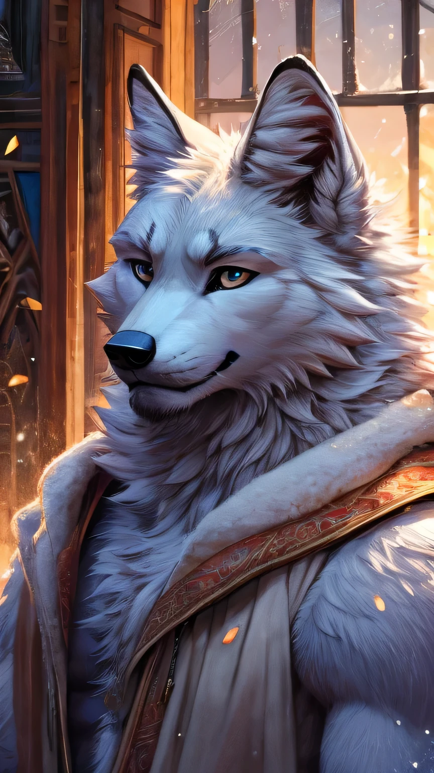 masterpiece, best quality, 8K resolution, Very detailed, hairy, Arctic fox, Perfect anatomical structure, Light Particles