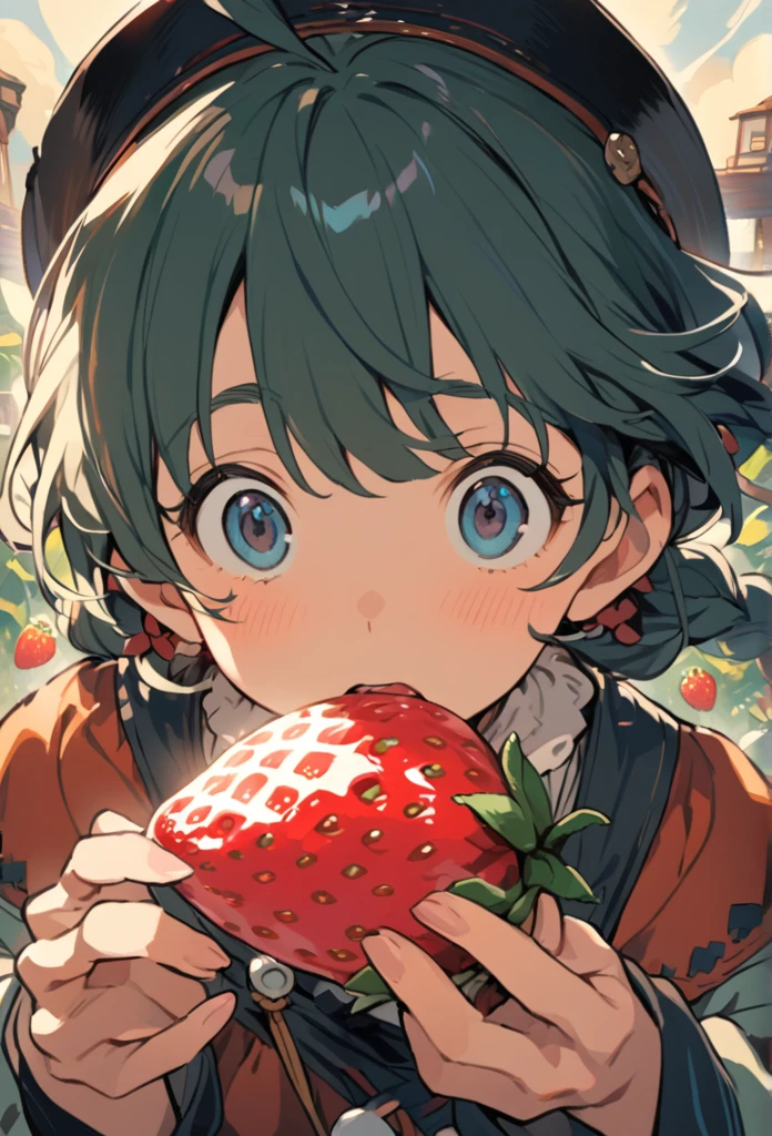 Ghibli, A girl opens her mouth wide and eats a large strawberry with gusto, Face close-up