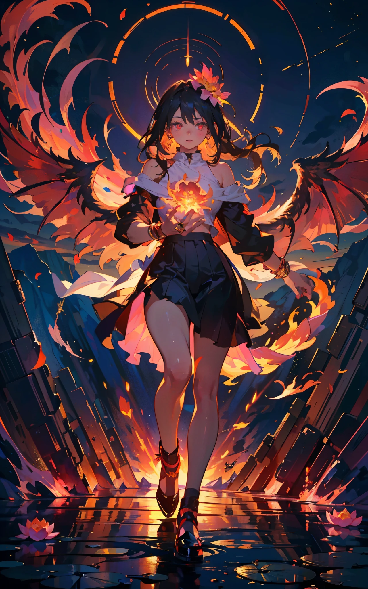 (Anna Ralphs) (Masterpiece, best quality: 1.2), a girl with phoenix wings standing in a ring of fire, with glowing red eyes, phoenix, lotus flowers, red gold pink, sunrise from mountain at the background (Nsfw) 