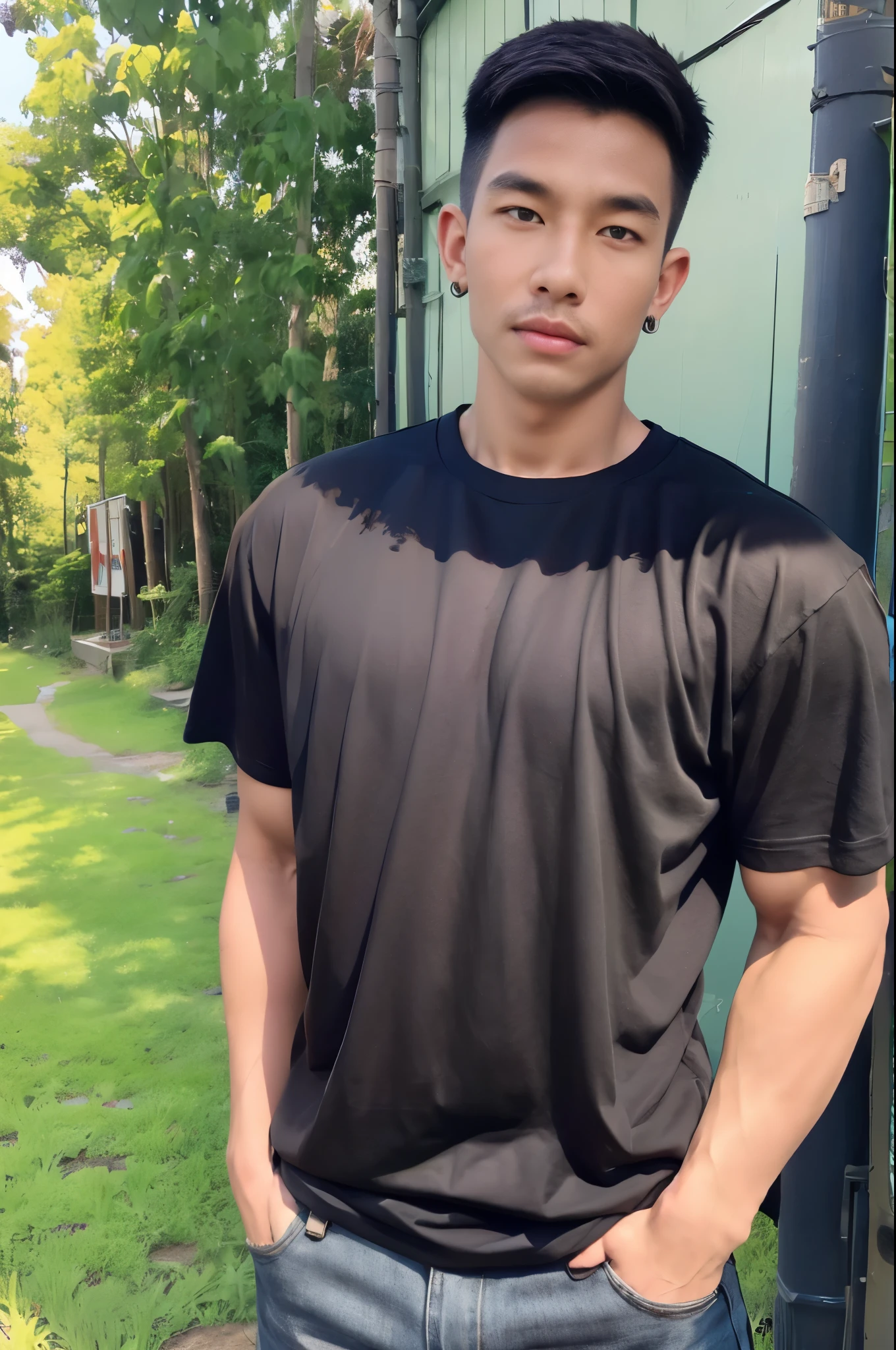 armface , Handsome young man standing, (have a mustache:1) ,(buzz cut:1.1), (short hair:1.2), The forearms are muscular., (Tight T-shirt:1.5),(black shirt:1.5),Jeans, Big muscles, Handsome and muscular, full body angle, (Fitness:1.1), natural light 