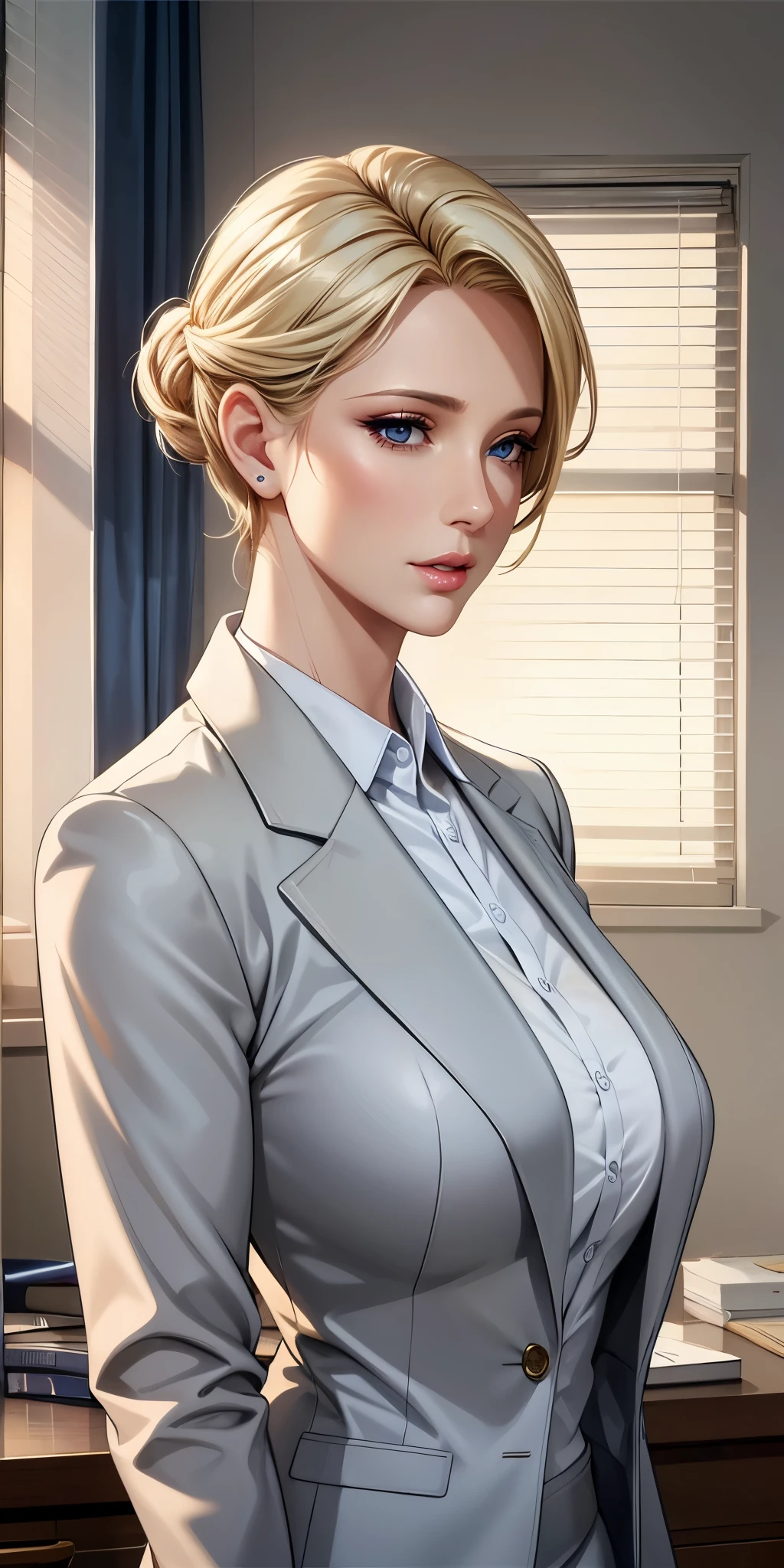 Elegant mature woman, milf, blue eyes, blonde hair, soft light, 4k resolution, high quality, beautiful cg