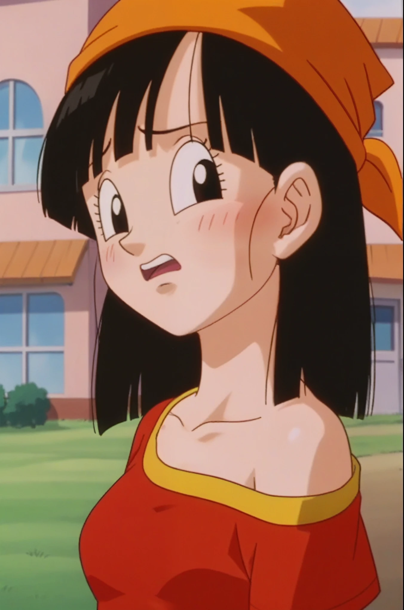 source_anime, score_9, score_8_up, score_7_up, anime screencap,
pangt, 1girl, sad, bangs, closed mouth, melancholic, lost look, blushing, black hair, field, brick town, sunset, Watching the sunset, collarbone, whole body, teeth, blunt bangs, outdoors, black eyes, eyelashes, upper teeth only, close-up, red crop top, bandana, retro artstyle, , 1990s \(style\), orange headwear, medium ass, medium breasts