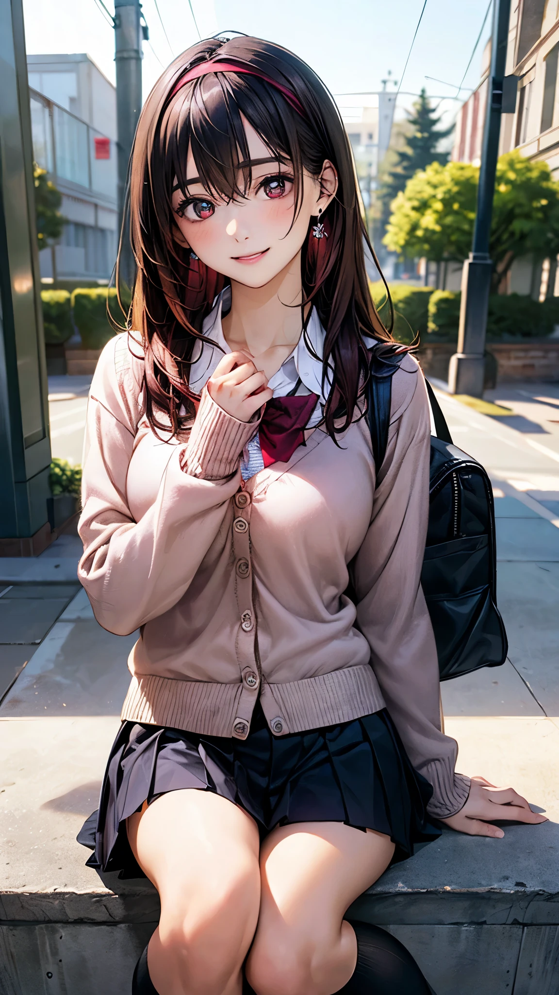 (masterpiece:1.2, highest quality), (realistic photo:1.4), beautiful illustrations, (natural side lighting, movie lighting),
looking at the viewer, 1 girl, japanese, high school girl, perfect face, cute symmetrical face, shiny skin, baby face,
(long hair, straight hair, black hair), hair between eyes, maroon eye idol chest, seductive thighs, big ass), earrings, break (dark red hairband, dark red flat bow tie), break
beautiful hair, beautiful face, detailed and beautiful eyes, beautiful clavicle, beautiful body, beautiful breasts, beautiful thighs, beautiful feet, beautiful fingers, slender,
(white collared shirt, long sleeve pink knit cardigan, black pleated mini skirt), break navy school bag, break white socks,
(beautiful scenery), evening, (school yard:1.2), (pigeon toed), (lovely smile, upper eye),
