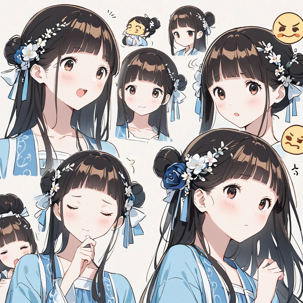 1 个cute的女孩，4 grids，4 emoji packs，4.Posture and expressions，sad，surprise，laughing out loud，anger，Suspect，Acting cute，cute，sleep，naughty，despise，Hanfu、Hair Bun、Hair accessories，Black stroke，Different emotions，8K